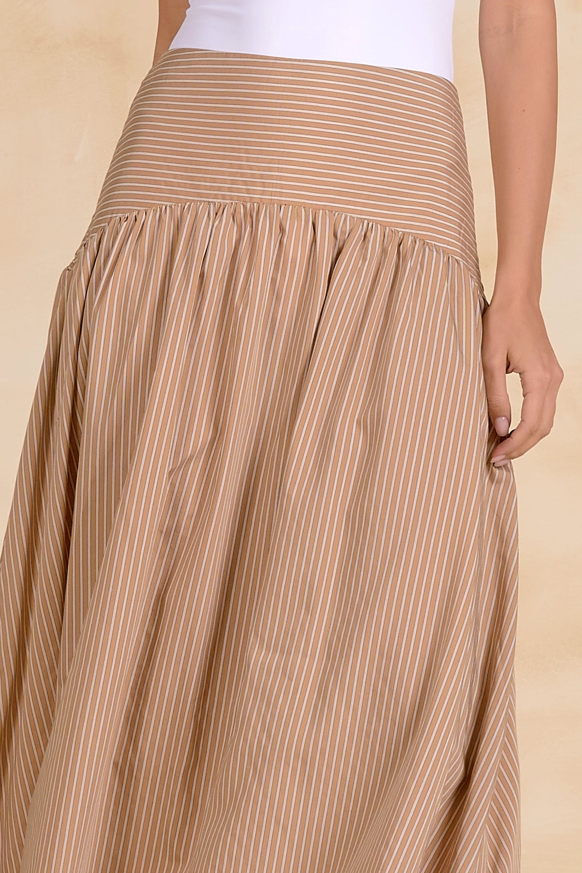 The Ava Striped Drop-Waist Skirt - Tan