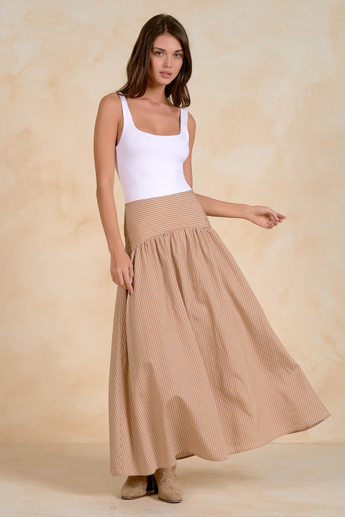 The Ava Striped Drop-Waist Skirt - Tan